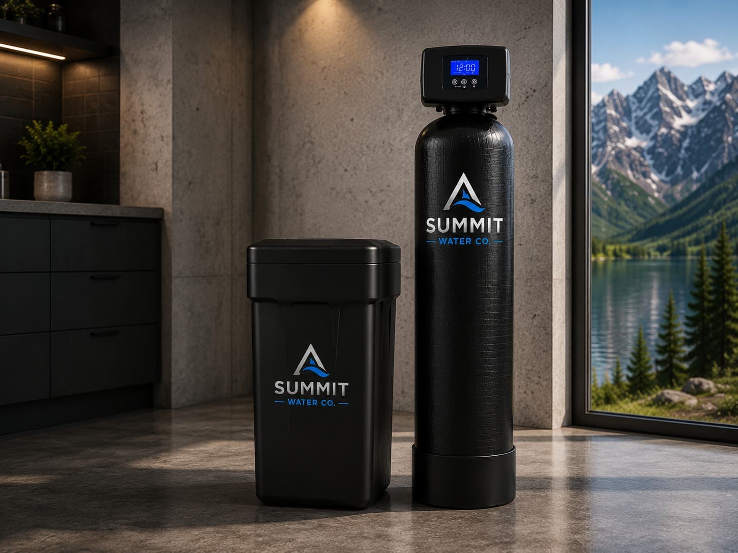 Summit Water Co. water softener and brine tank installed in a utility space